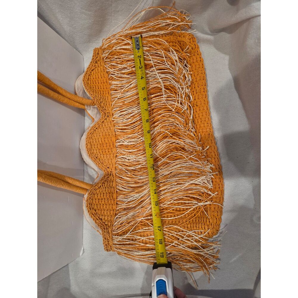 Orange Straw Fringe Tote Bag Scalloped Boho Beach Resortwear - Picture 7 of 7